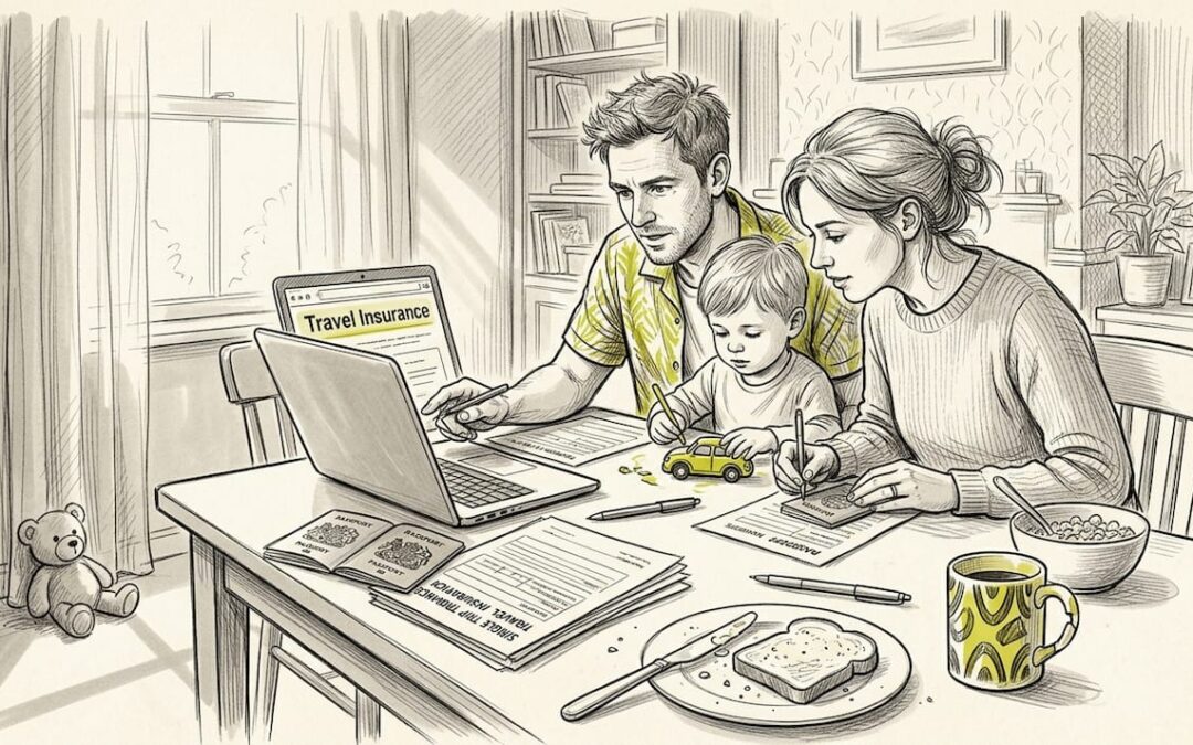Family preparing travel documents at breakfast table