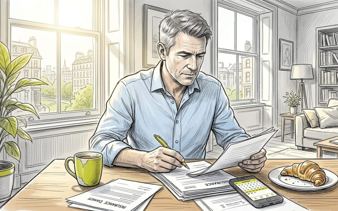 Expat reviewing insurance documents at home