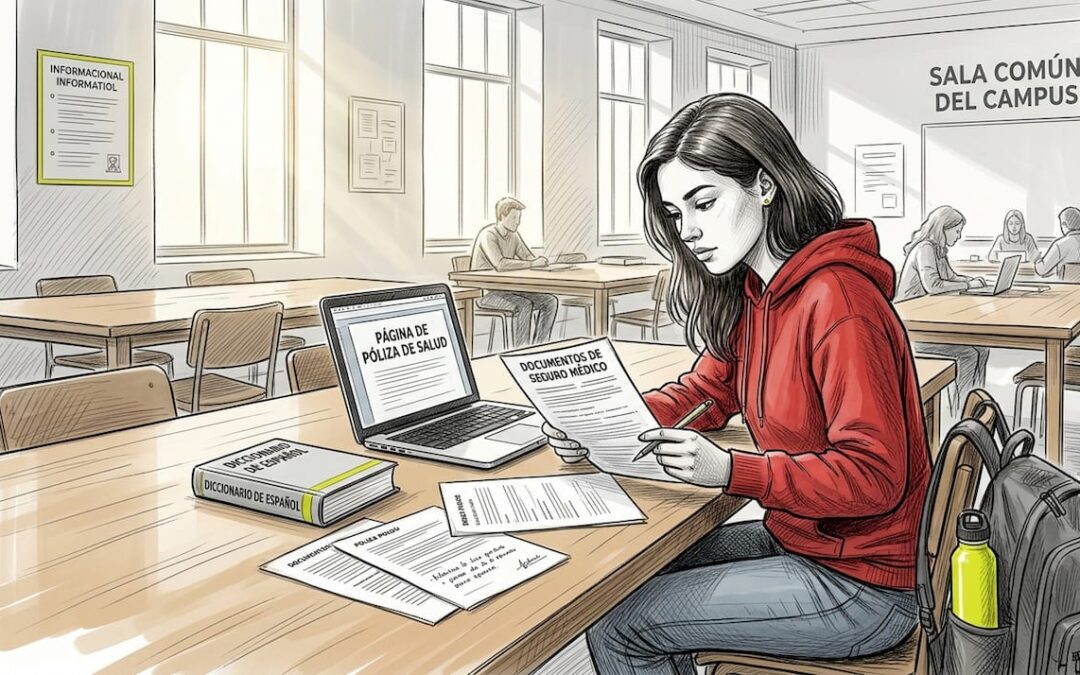 Un estudiante revisa su póliza de seguro mientras está en una sala de la universidad.
