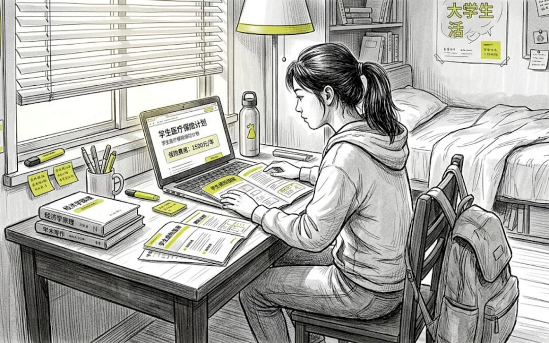 一名学生正坐在书桌前认真比较各类保险方案，仔细权衡哪种最适合自己的需求。