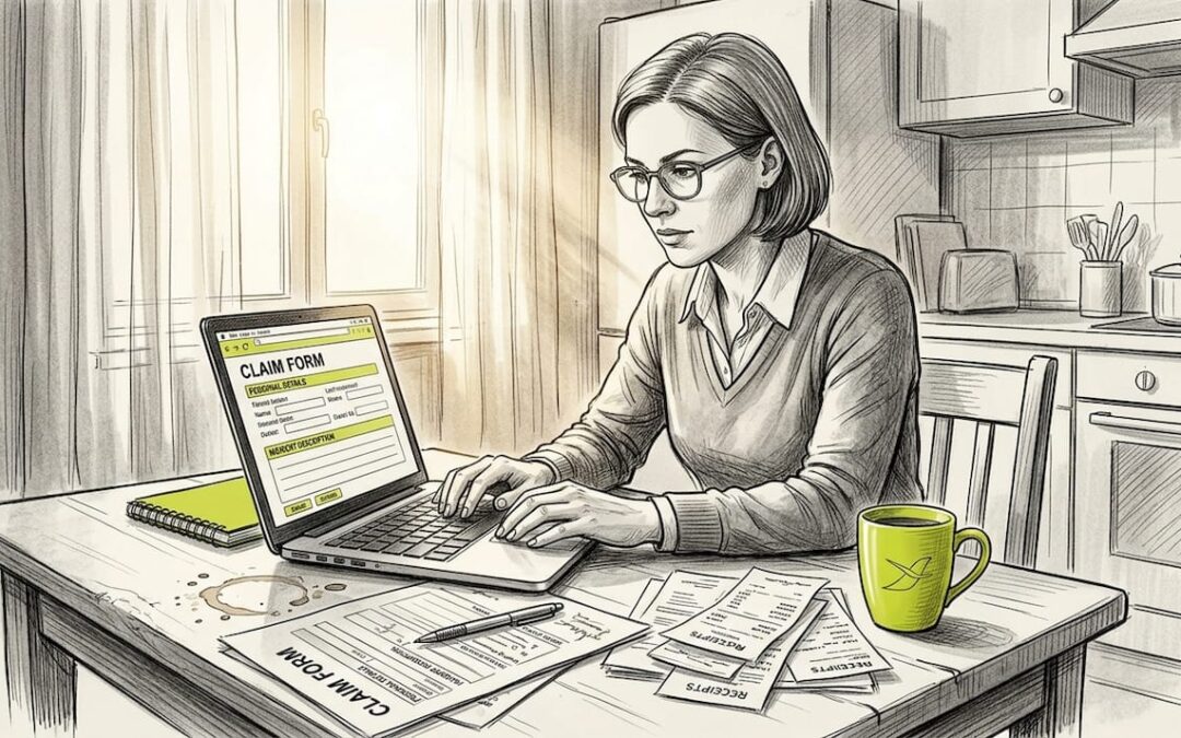 Woman filing overseas insurance claim at kitchen table