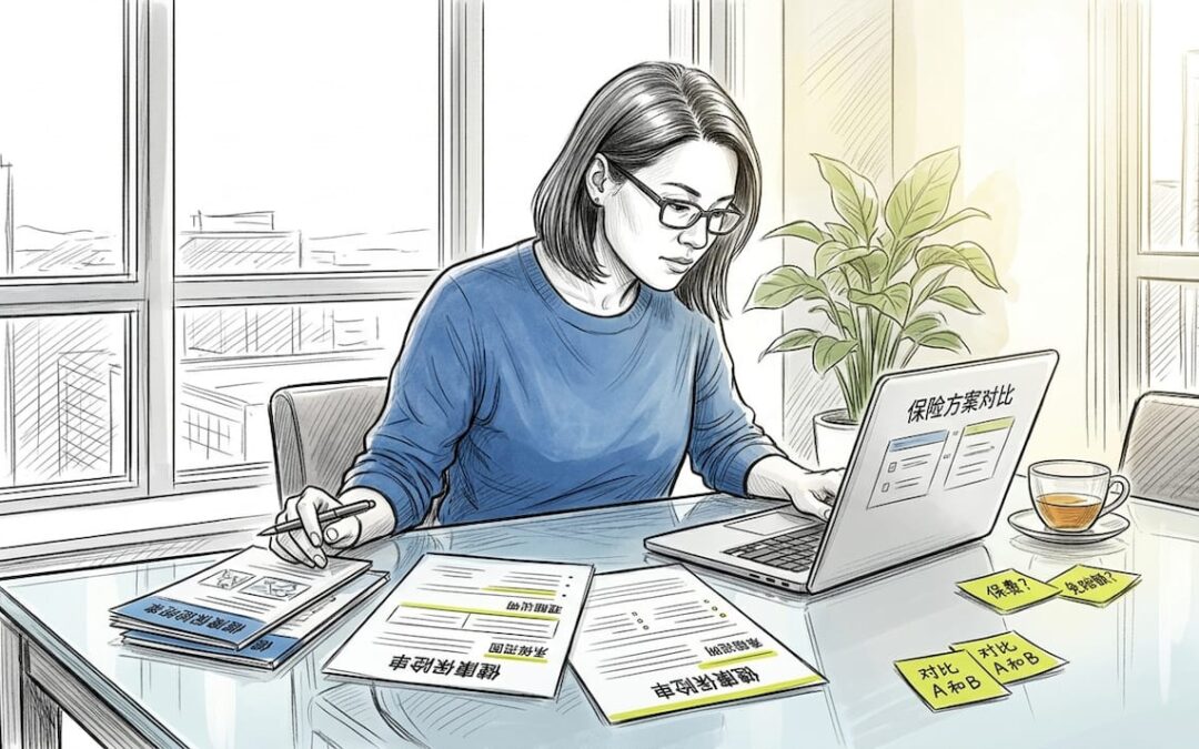 一位女性正在仔细对比不同国家的健康保险资料，认真挑选最适合自己的方案。