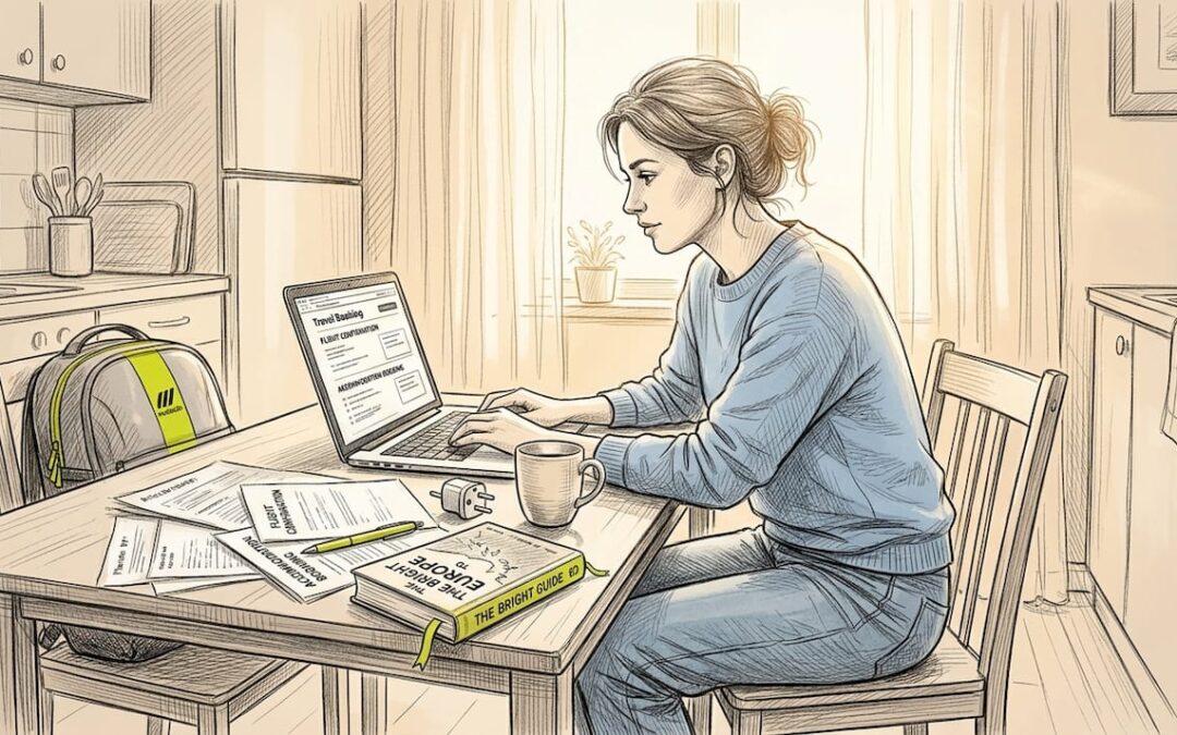 Woman reviews travel insurance at kitchen table