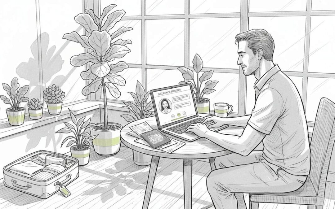 Expat video chatting about health coverage at home