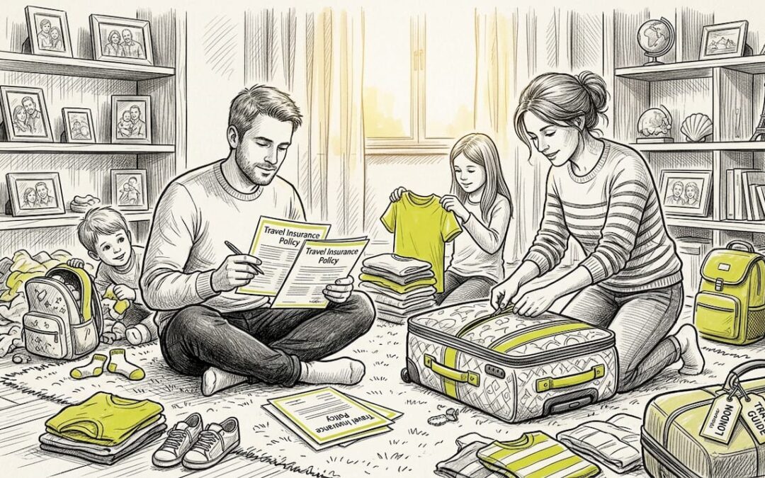 Family reviewing travel insurance before holiday