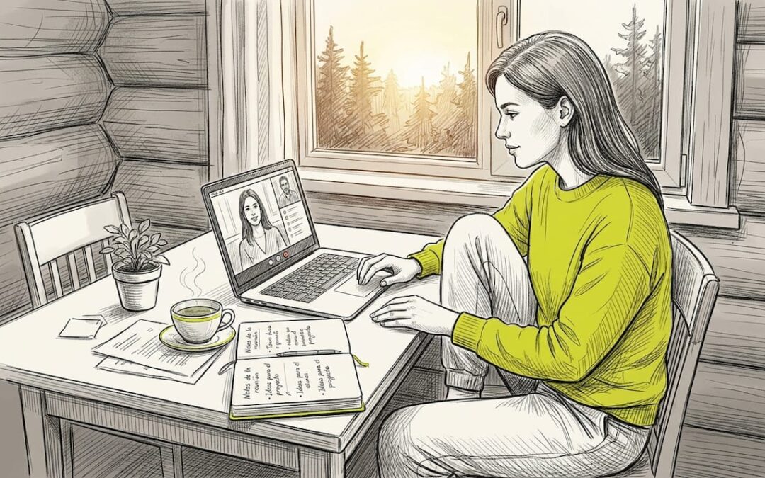 Mujer realizando una consulta en línea desde la comodidad de su apartamento acogedor.