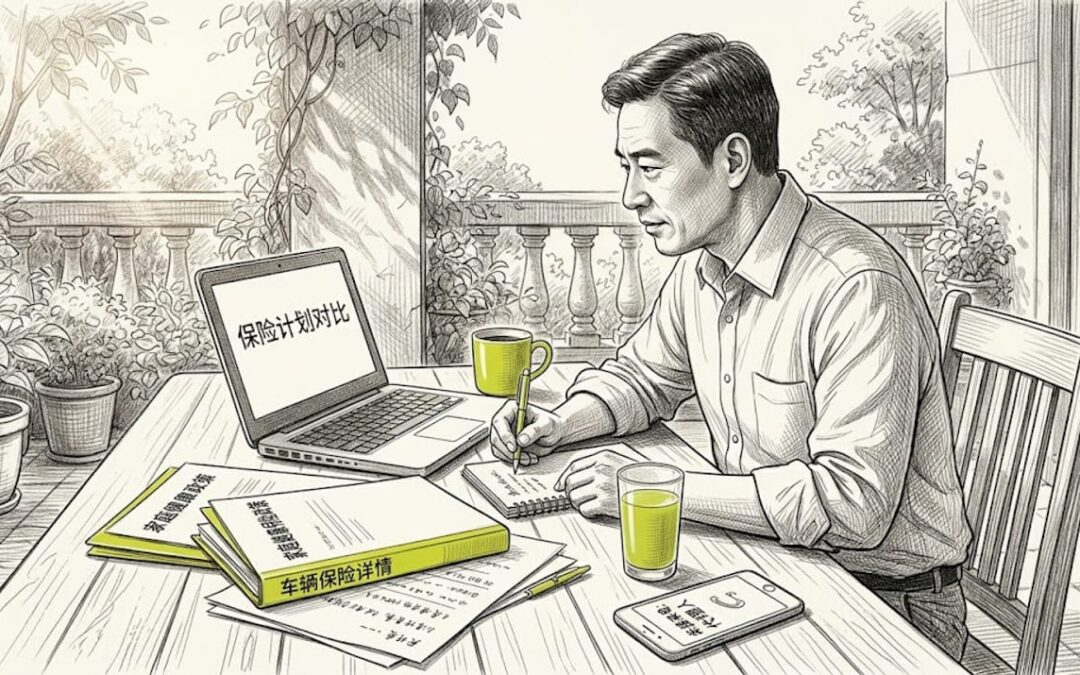 一位男士正在认真查阅国际保险的相关条款和细节。
