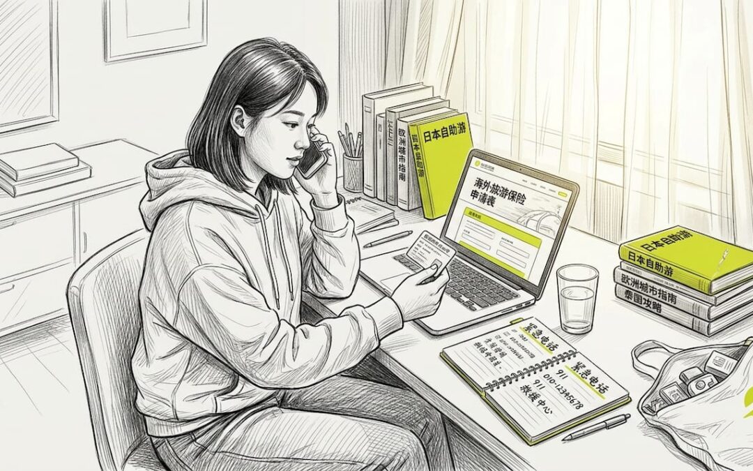 一名学生正坐在厨房的餐桌旁，焦急地打电话求助。
