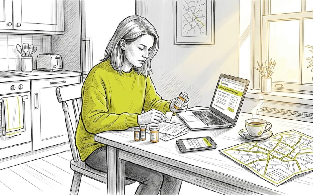 Expat sorting medications at home workspace