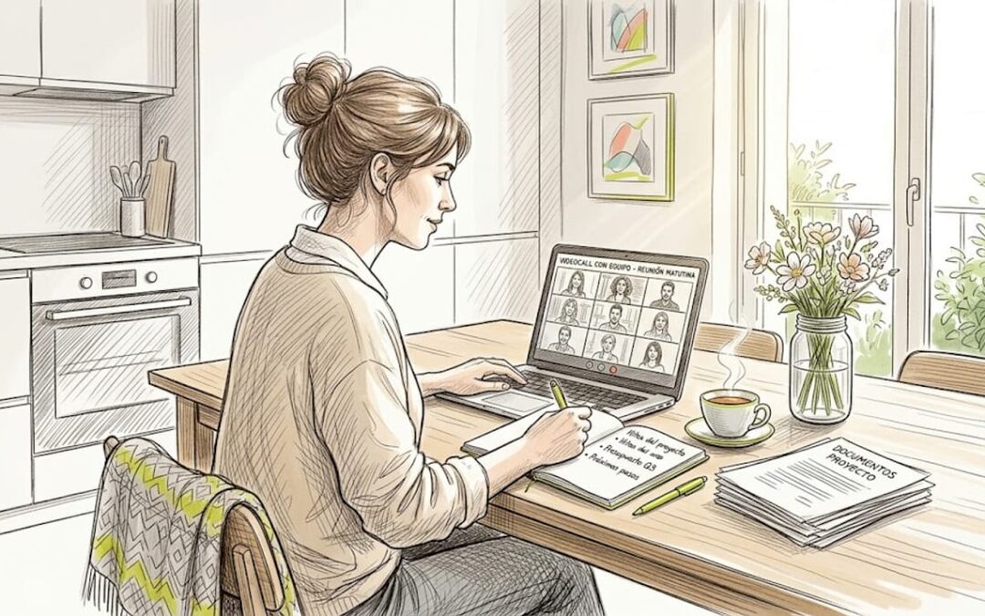 Mujer expatriada trabajando desde casa y participando en una videollamada