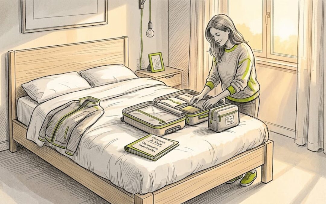 Una mujer prepara su maleta en el dormitorio, alistándose para un viaje al extranjero.