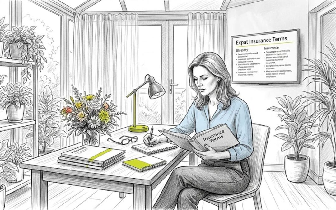 Woman studying expat insurance terms in office