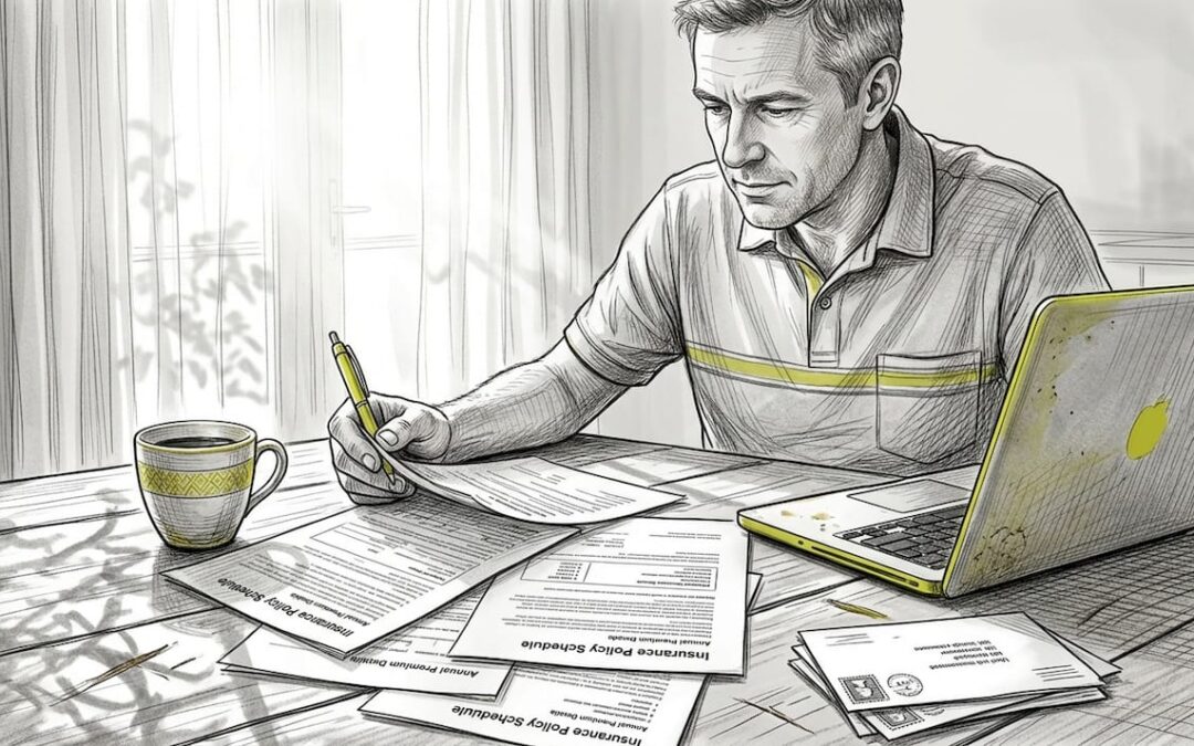 Expat reviewing insurance policy documents at kitchen table