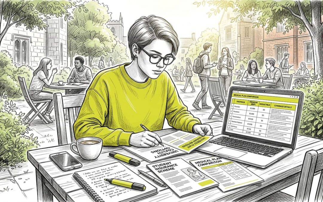 Student reviewing health insurance plans at library table