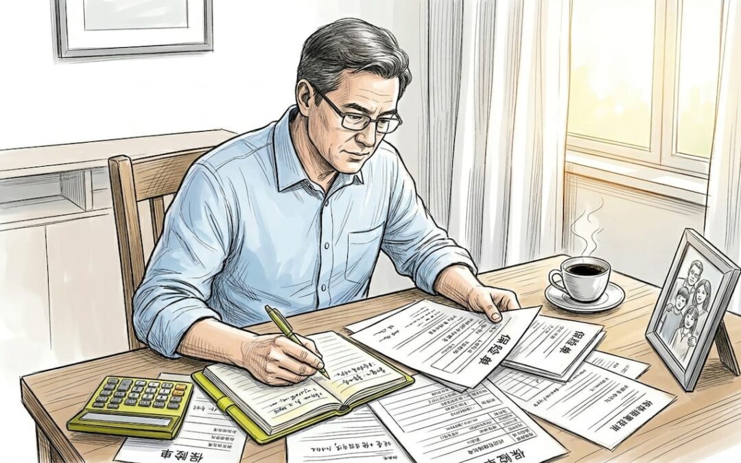 一位男士正坐在家里的书桌前仔细查看保险相关资料。