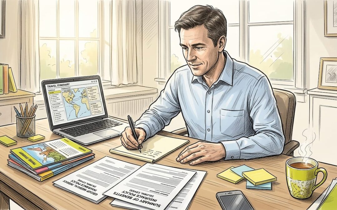 Tour organizer reviewing group medical insurance documents