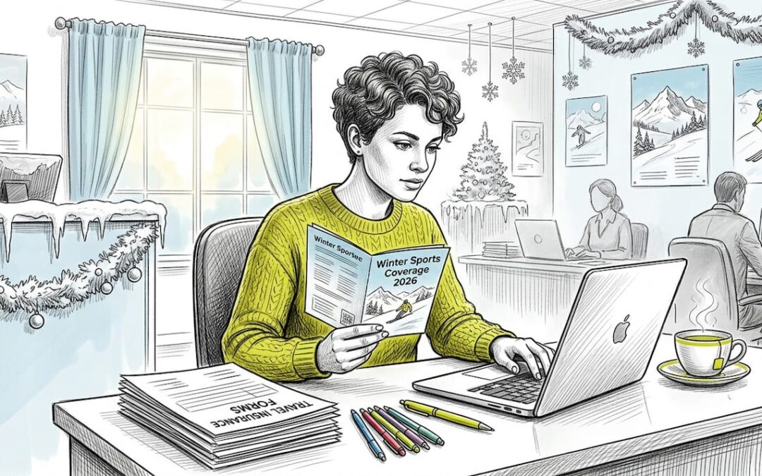 Travel agent reviewing winter sports insurance brochure