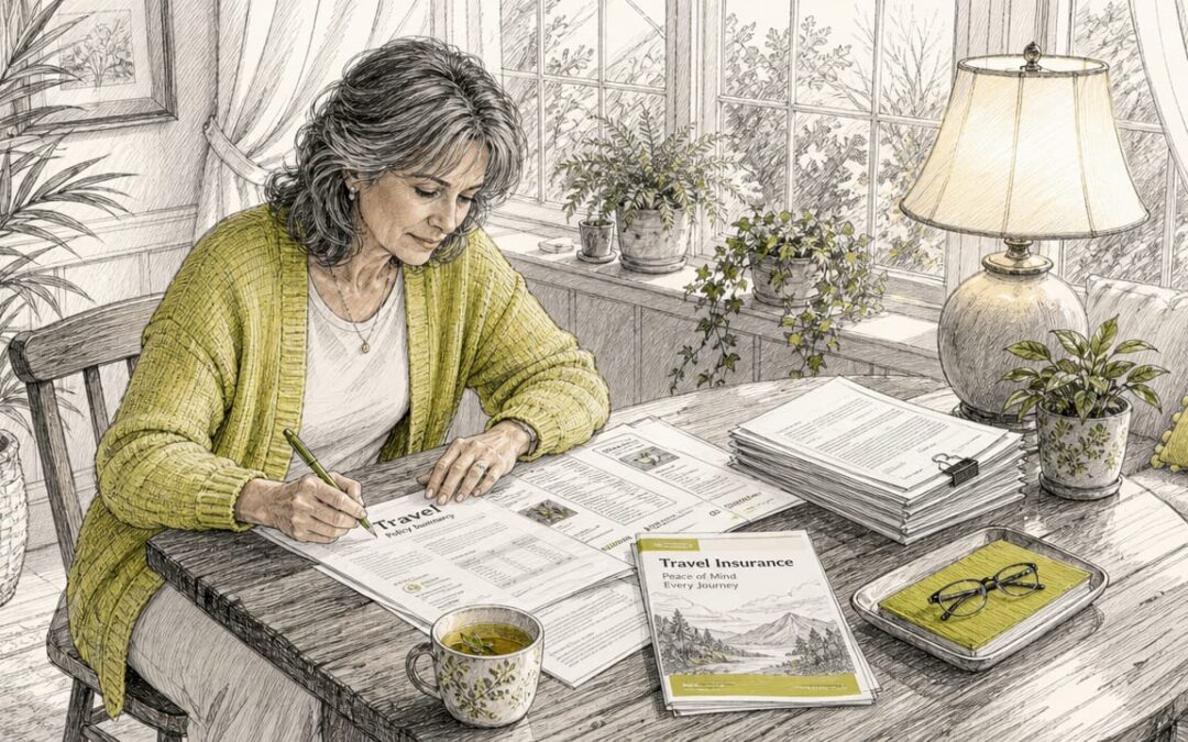 Woman reviewing travel insurance papers at home
