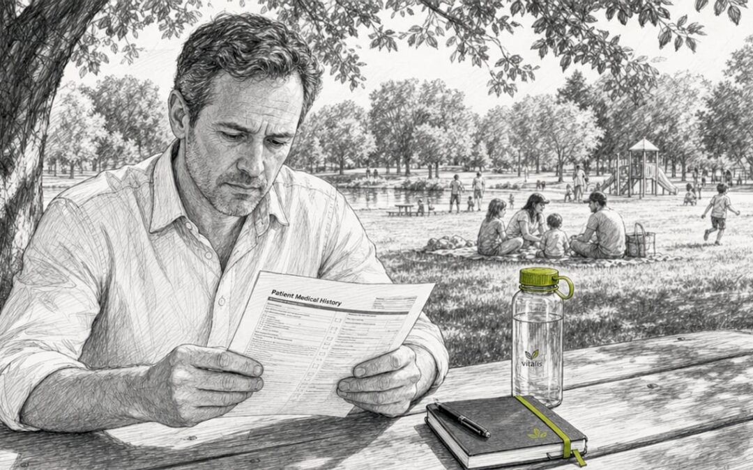 Hombre revisando los resultados de su chequeo médico antes de mudarse al extranjero