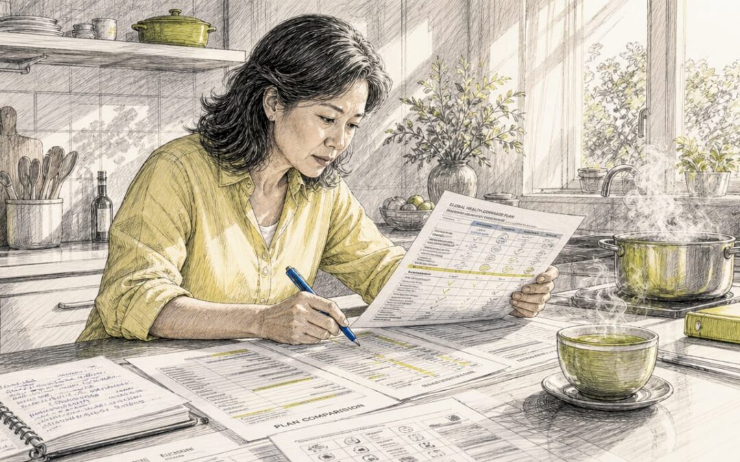 一位女士正坐在办公桌前，认真对比各类国际医疗保险方案。