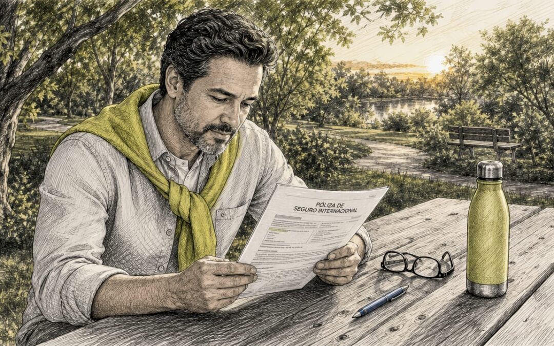 Hombre revisando los detalles de su seguro internacional