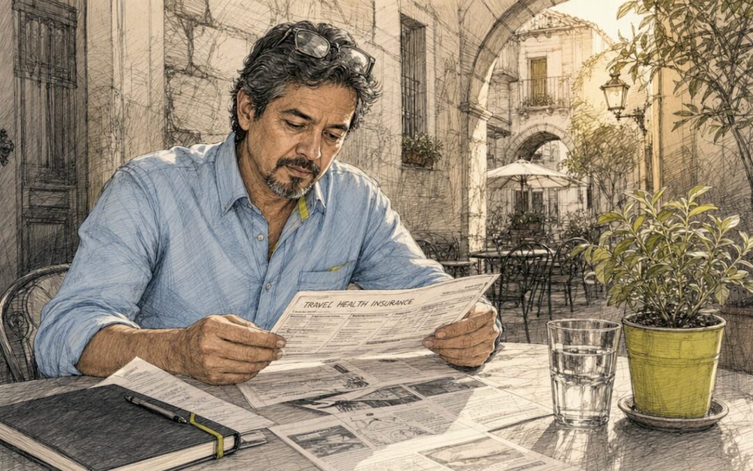 Turista revisando la póliza de su seguro médico
