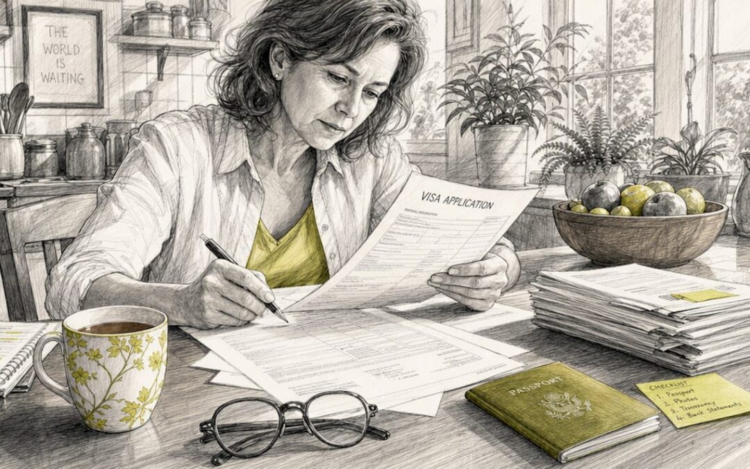 Woman reviewing visa paperwork at home