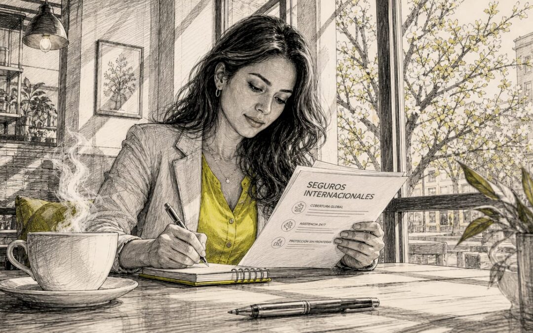 Mujer revisando papeles relacionados con su seguro internacional
