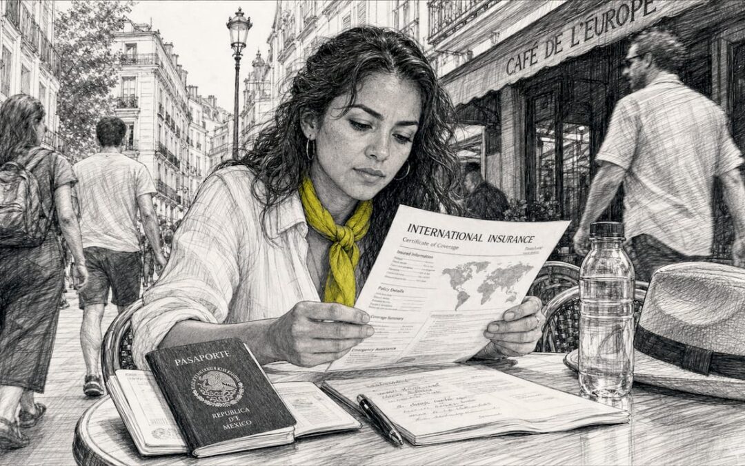 Mujer revisando sus papeles del seguro mientras espera en el aeropuerto