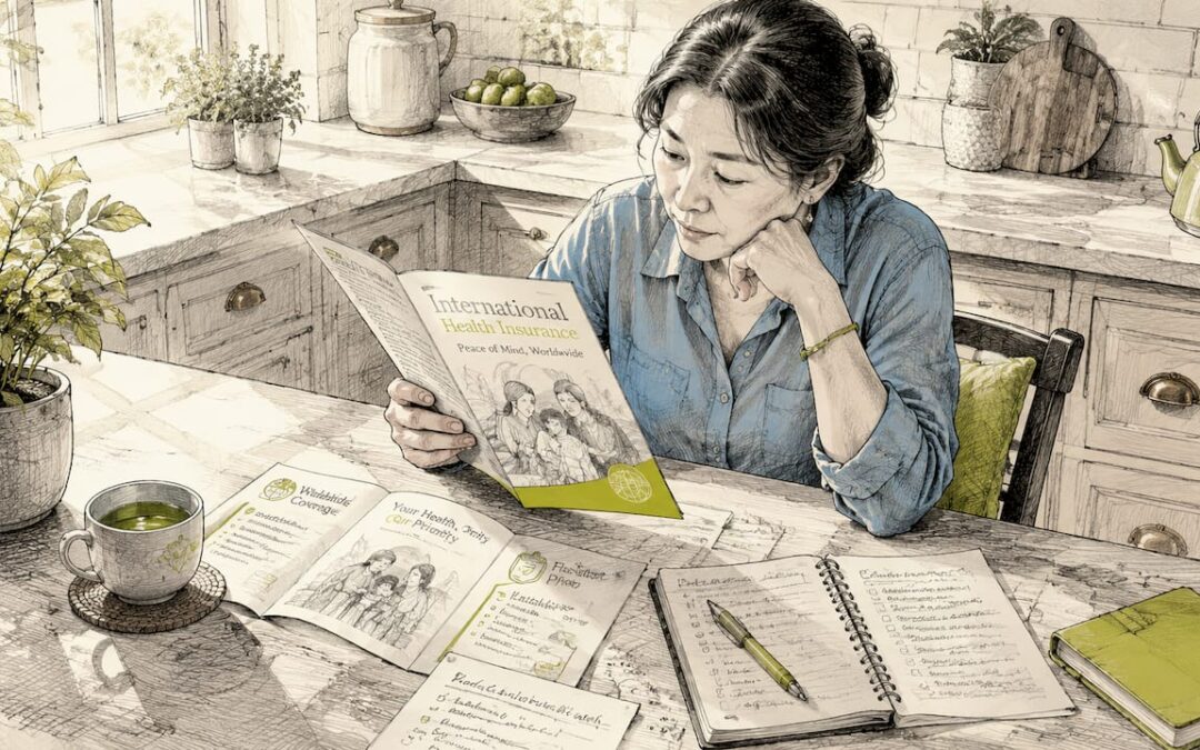 一位女士正在仔细查阅国际健康保险的相关资料。