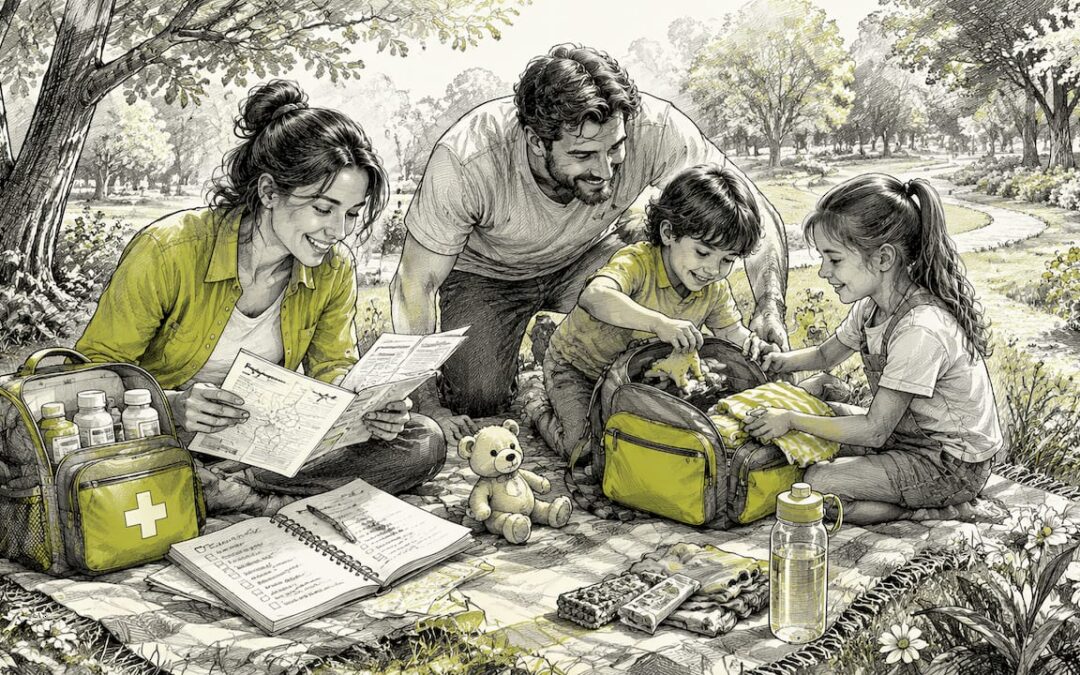 Una familia organizando en casa la lista de cosas que no pueden olvidar para su próximo viaje.
