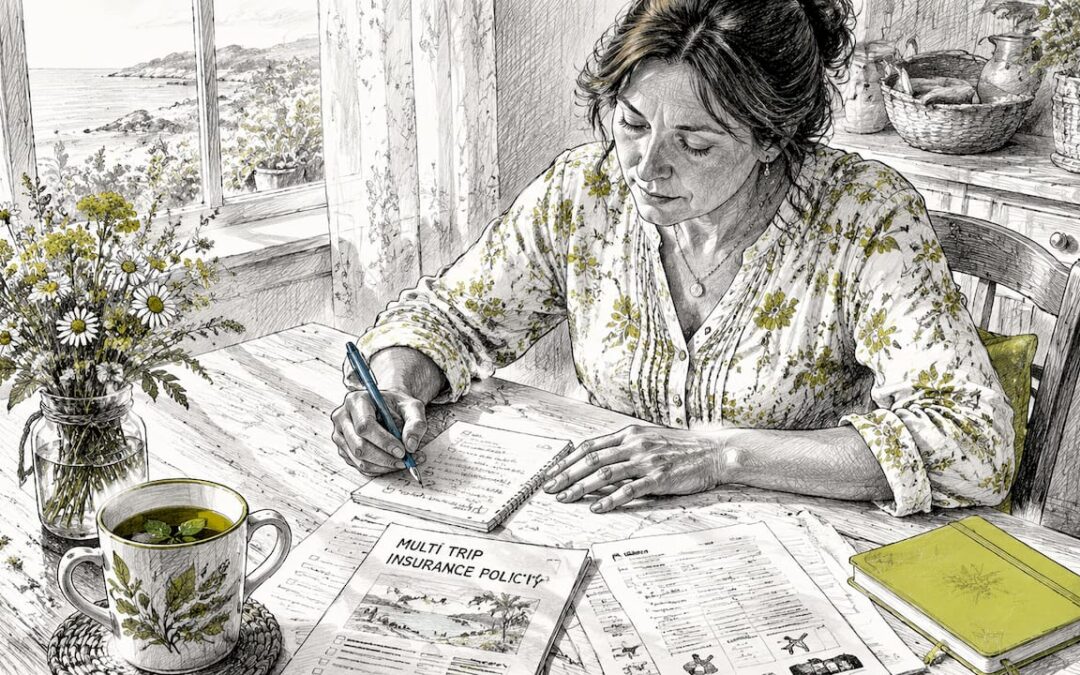 Woman reviewing multi trip insurance policy at home