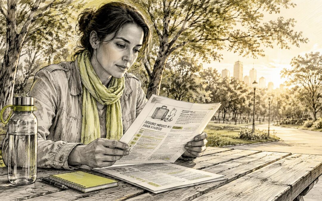 Mujer comparando opciones de seguros médicos mientras disfruta de un día al aire libre