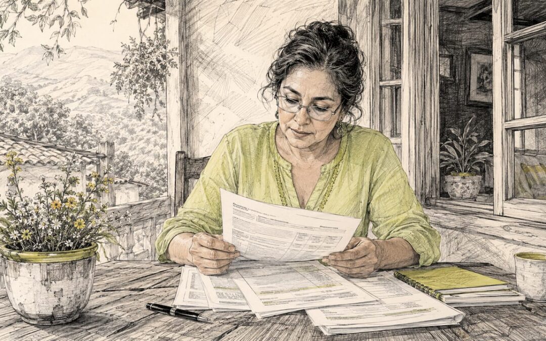 Mujer revisando documentos de seguros médicos internacionales