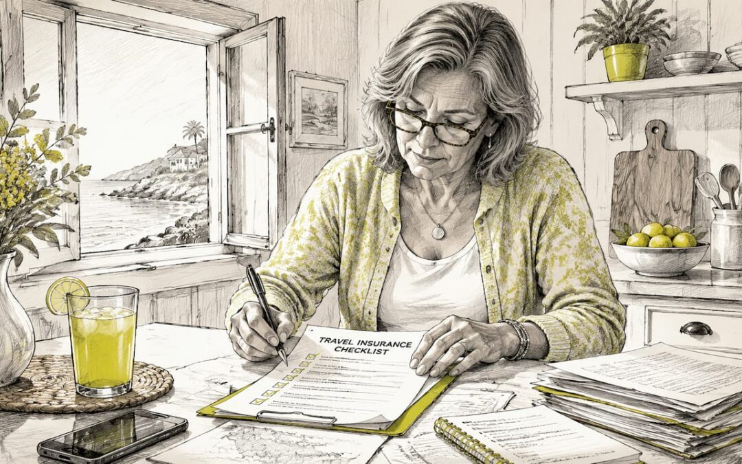 Woman reviewing travel insurance paperwork at home