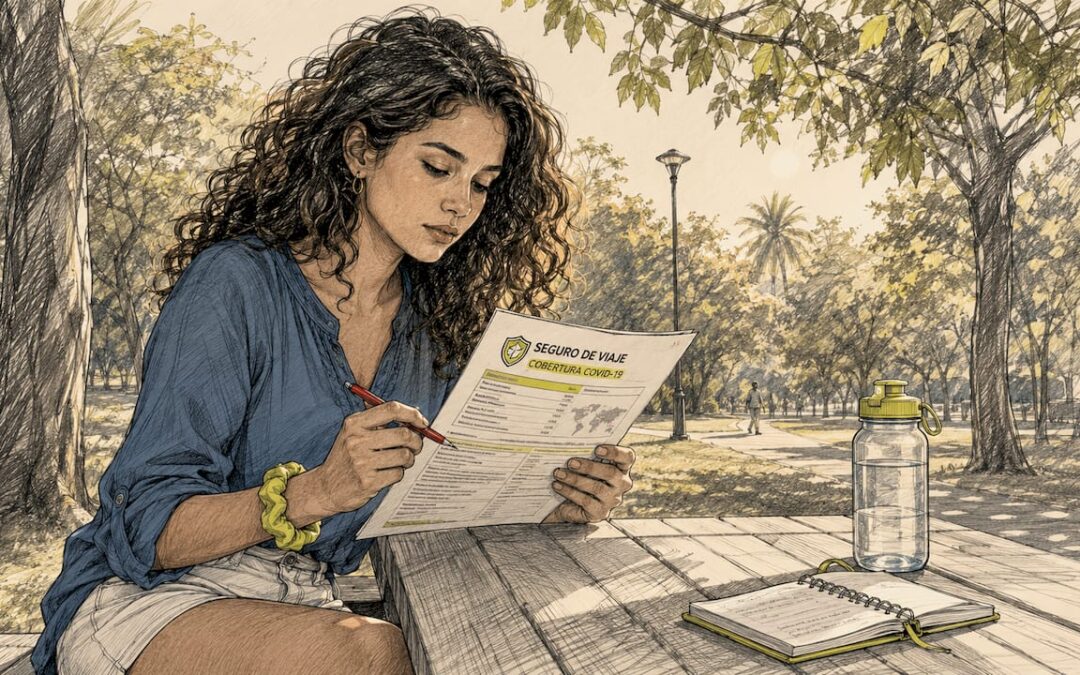 Mujer consultando los detalles de su seguro de viaje ante el covid-19