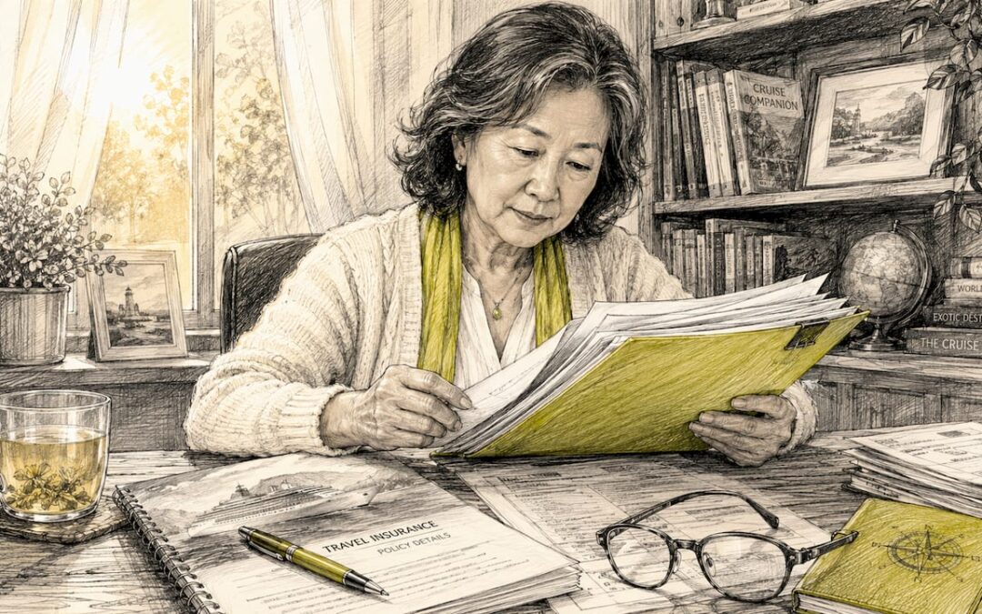 Woman reviewing cruise insurance paperwork at home