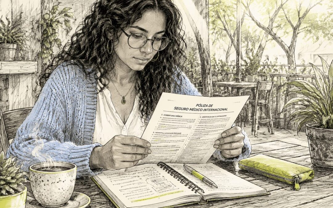 Joven universitario revisando los detalles de su seguro médico