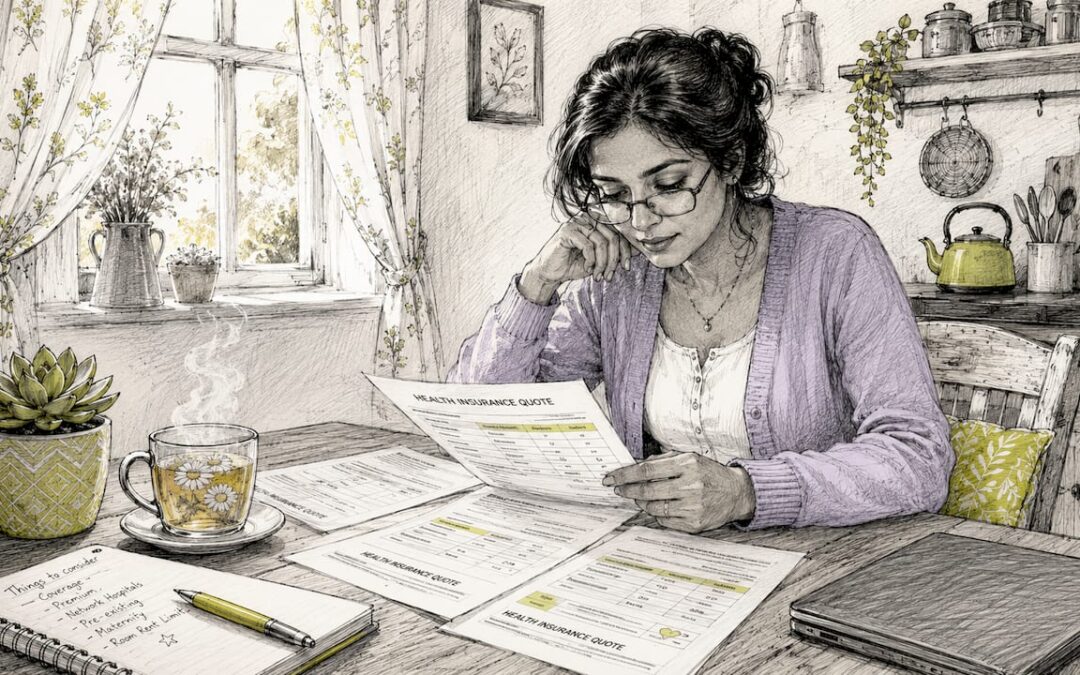 Woman reviewing private health insurance quotes at home