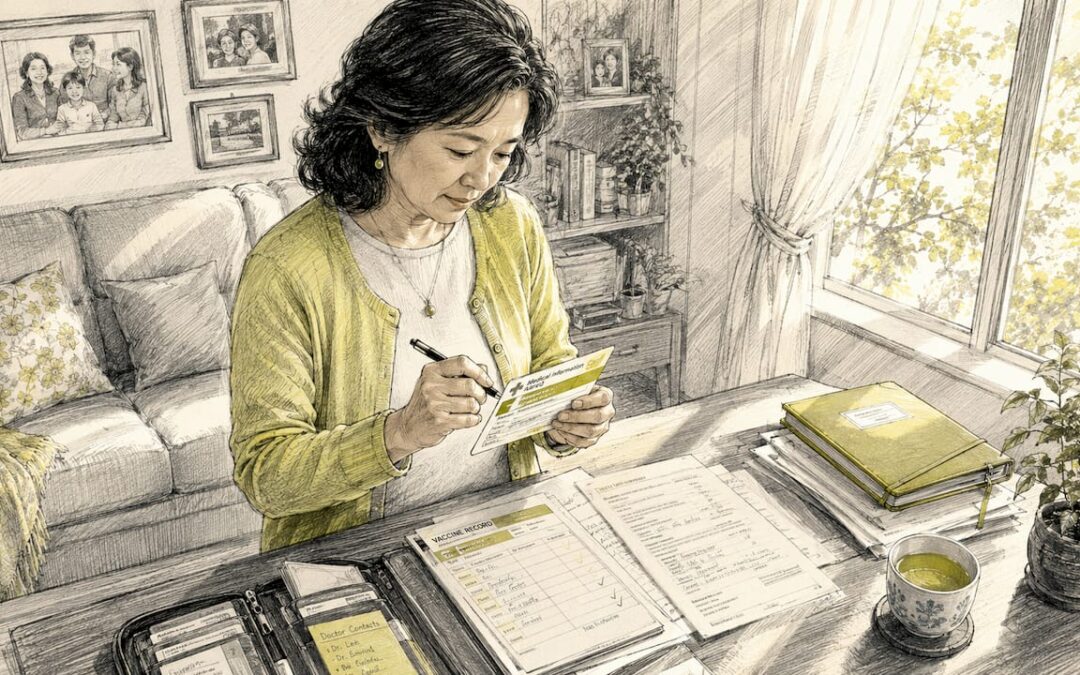 一位女士正在整理自己的医疗资料，为即将搬家做准备。