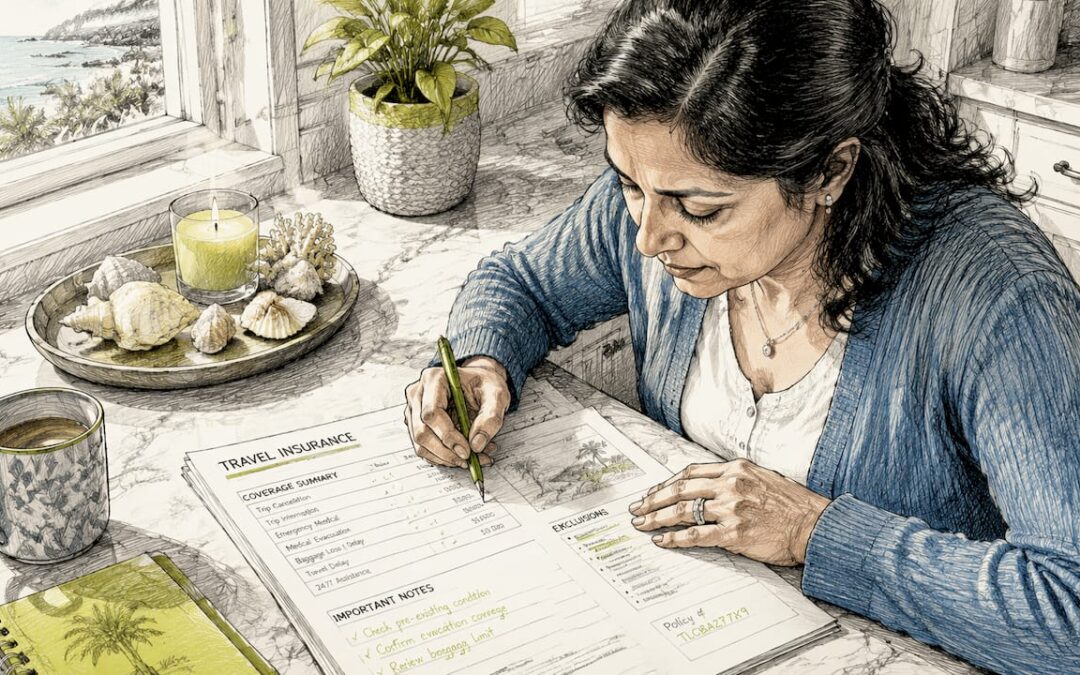 Woman reviewing multi trip travel insurance paperwork