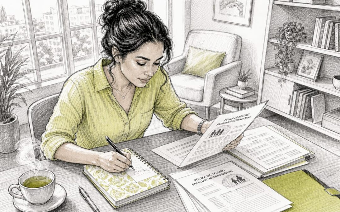 Mujer revisando las coberturas de su seguro internacional para la familia