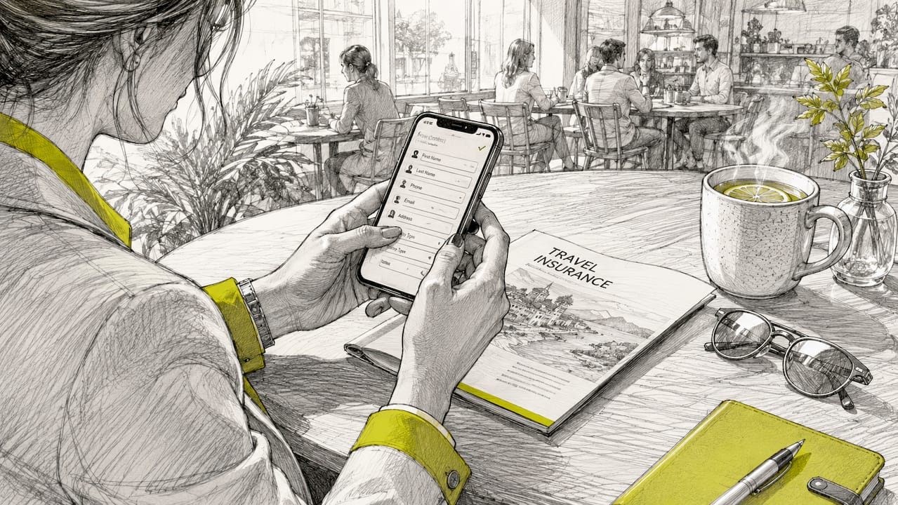 Hands saving insurer contact on smartphone at desk