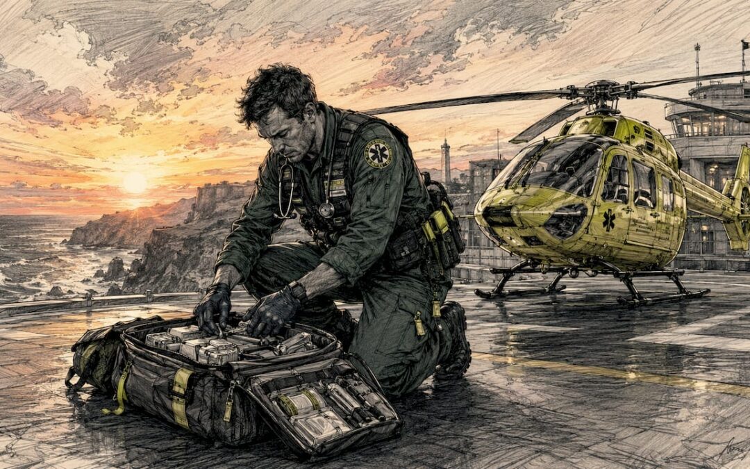 Paramedic preparing air ambulance on helipad