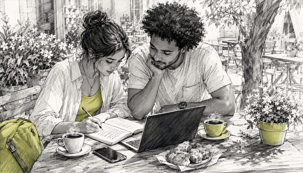 Una pareja revisa mensajes y correos antes de salir de viaje