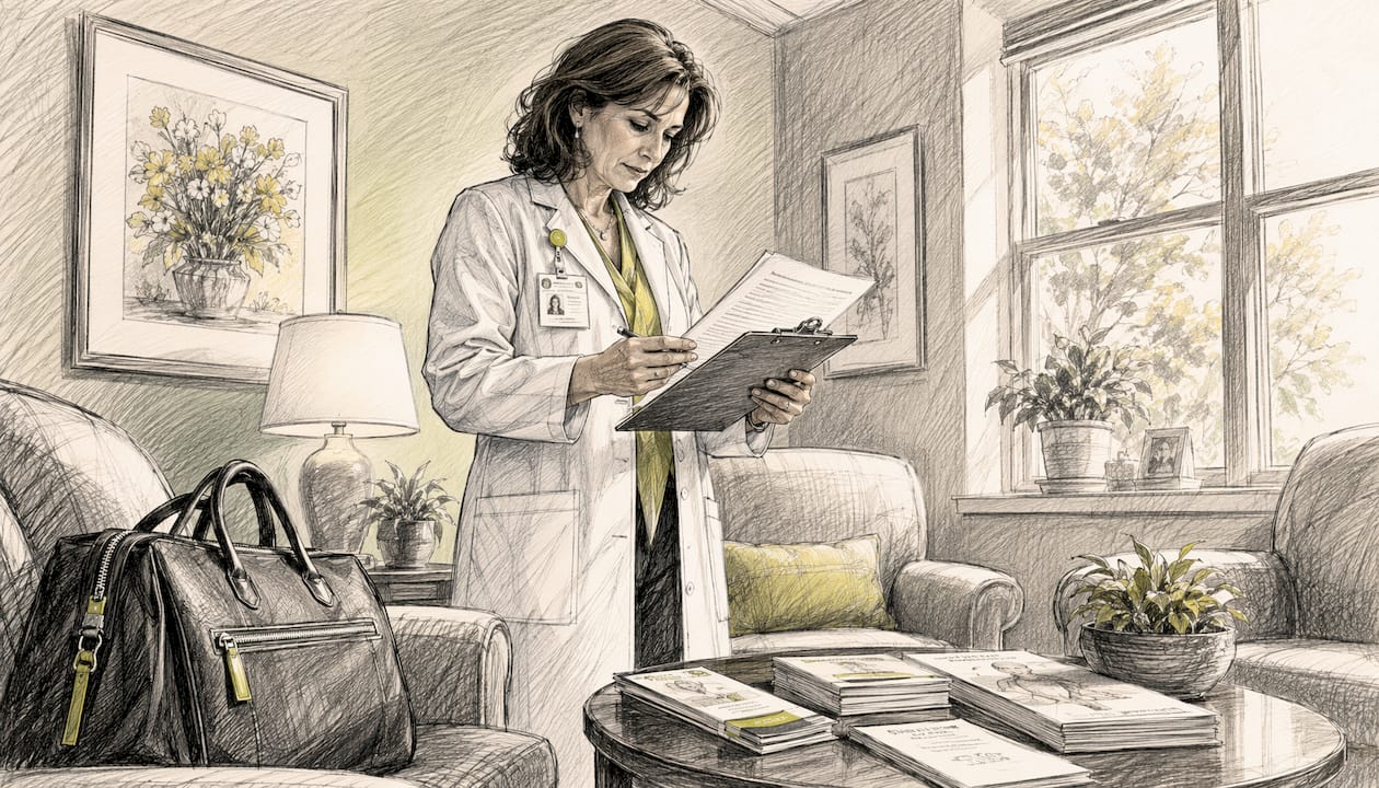 Medical escort reviewing patient documents indoors