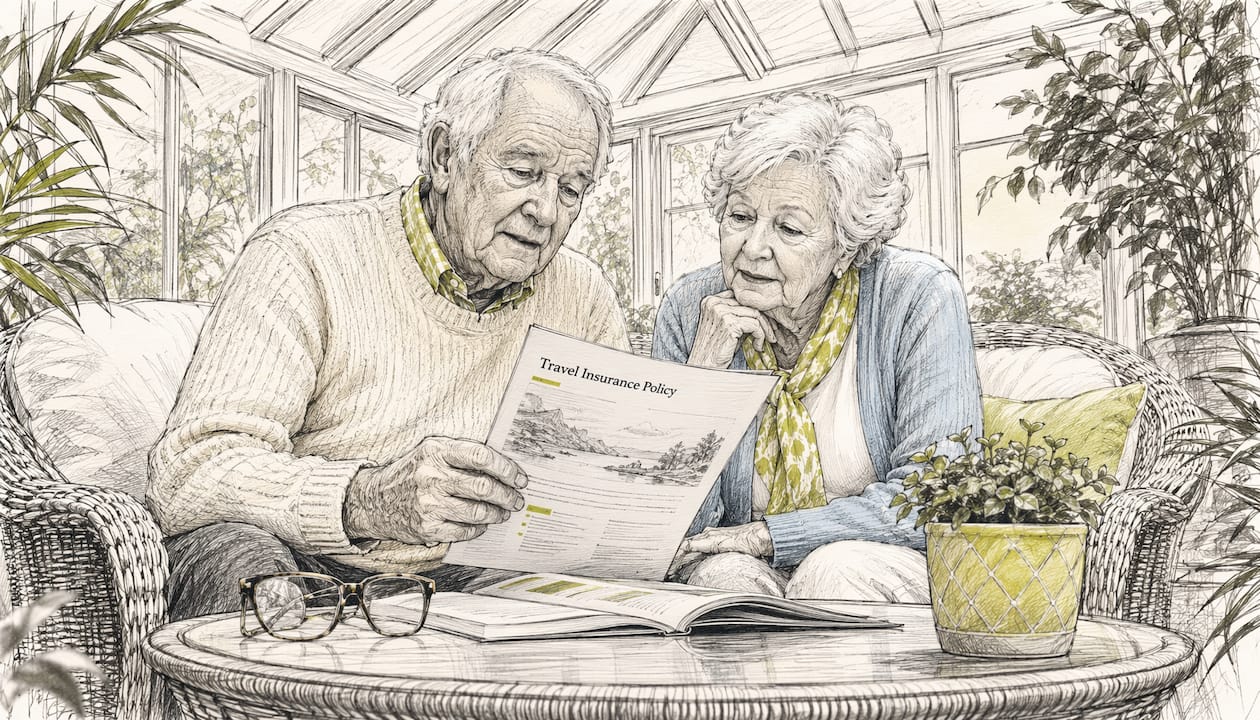 Elderly couple discussing travel insurance policy