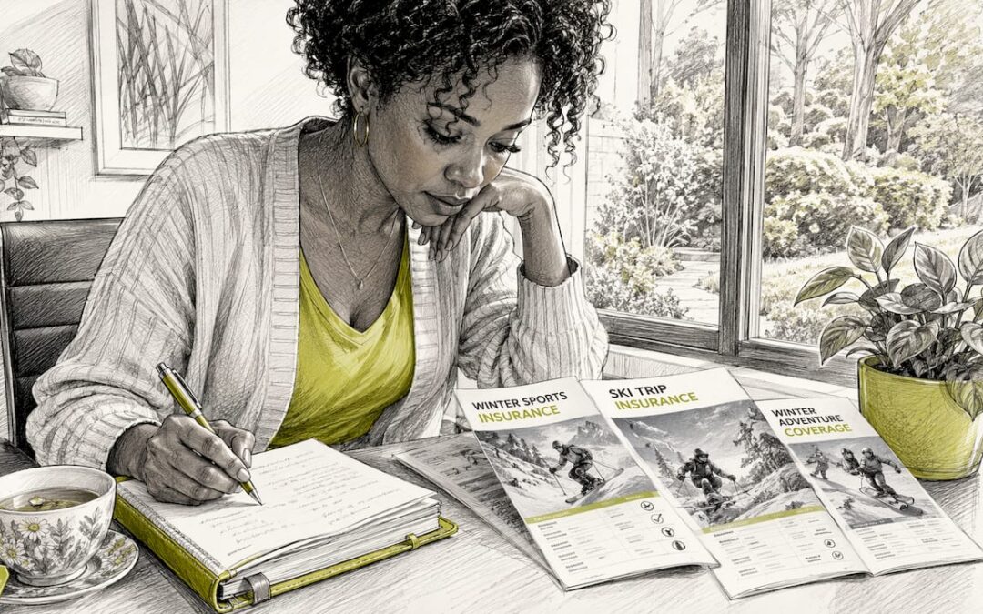 Woman reviewing winter sports insurance brochures at home