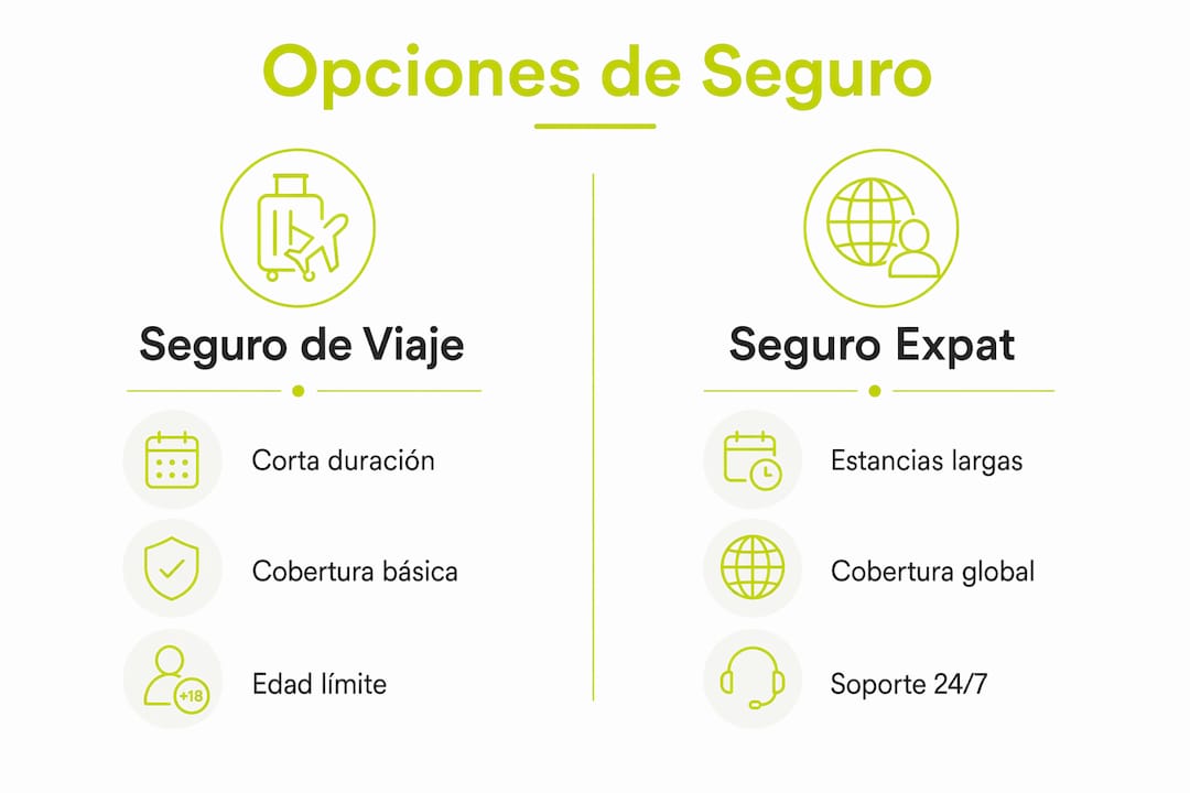 Infografía con una comparativa de seguros de viaje y seguros para expatriados