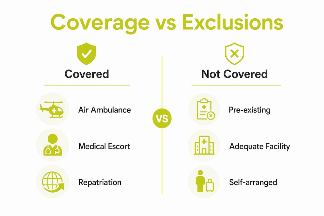 Infographic comparing covered and excluded medical evacuation elements